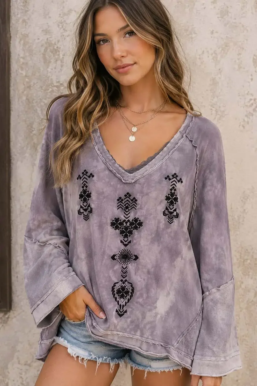 Free People Embroidered V-Neck Raw Hem Tie-Dye Pullover